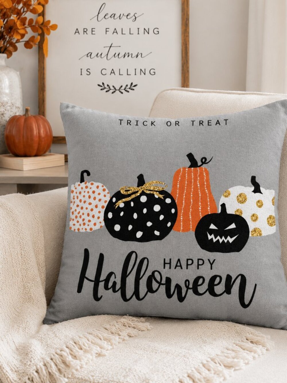 Halloween Pumpkin Pillow Cover 18x18 Trick or Treat Linen NWOT Fall Decor